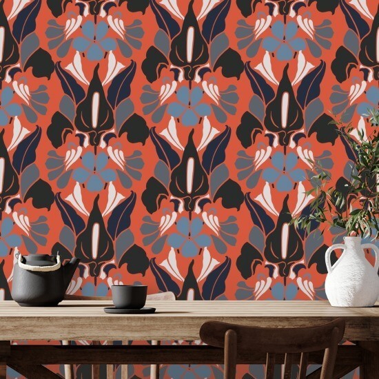 Flor de dragón Papel pintado floral de humo rojo