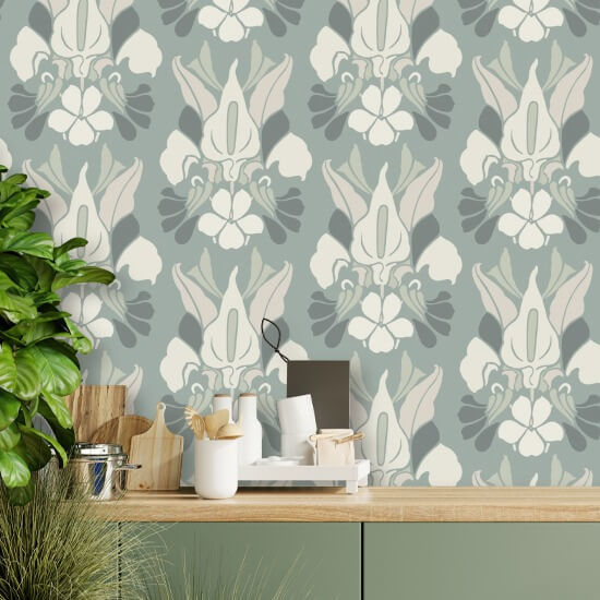 Dragon Flower Ash Blue Floral Wallpaper