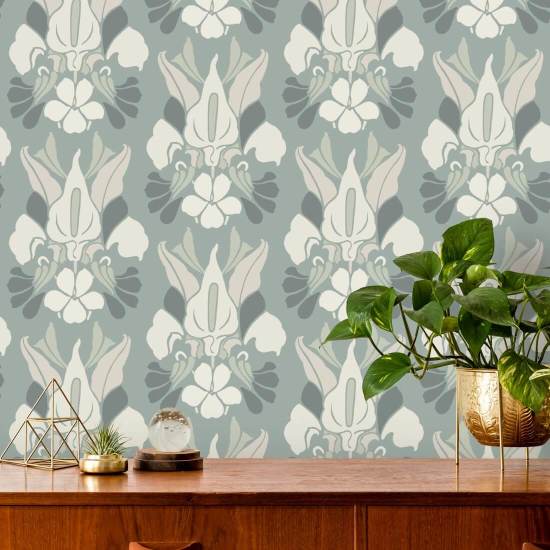 Drakenbloem Asblauw bloemenbehang