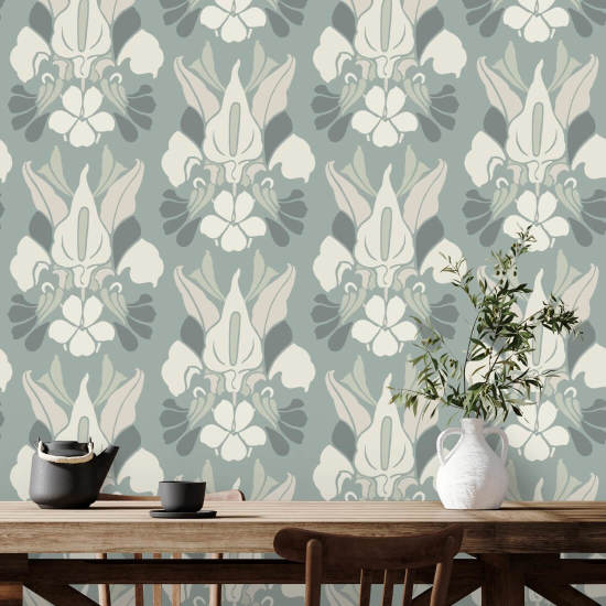 Dragon Flower Ash Blue Floral Wallpaper