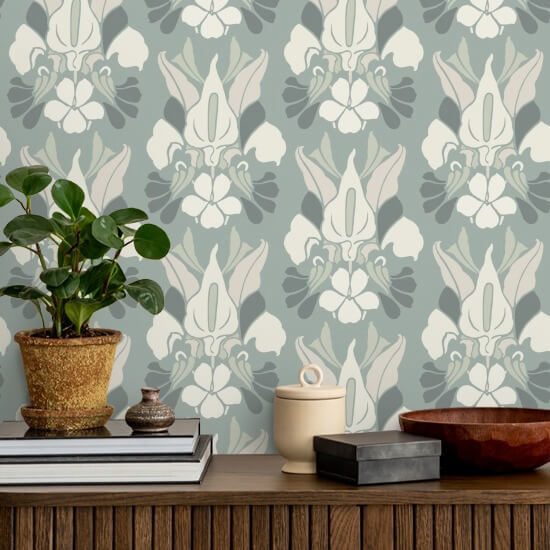 Flor de dragón Papel pintado floral azul ceniza