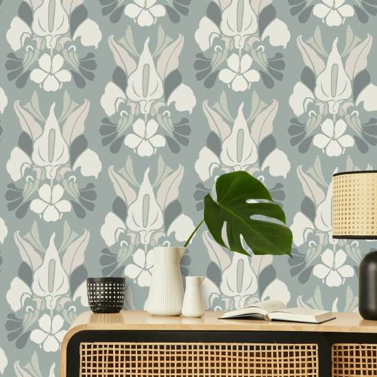 Dragon Flower Ash Blue Floral Wallpaper