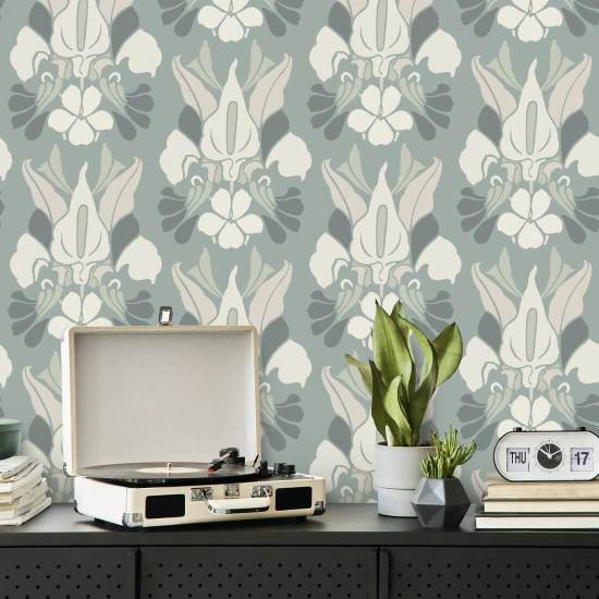 Flor de dragón Papel pintado floral azul ceniza