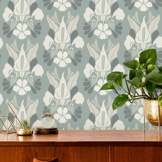 Dragon Flower Ash Blue Floral Wallpaper