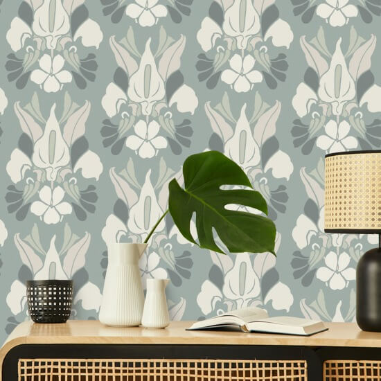 Dragon Flower Ash Blue Floral Wallpaper