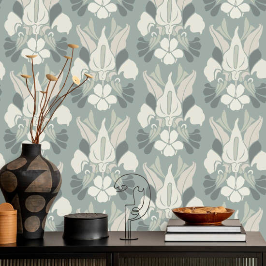 Flor de dragão Papel de parede floral azul cinza