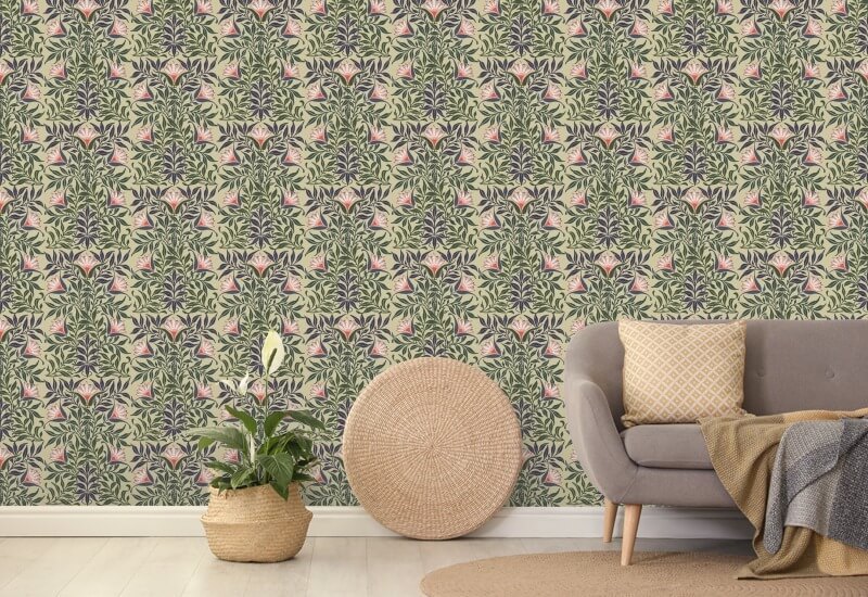 Vid floral Papel pintado amarillo y verde