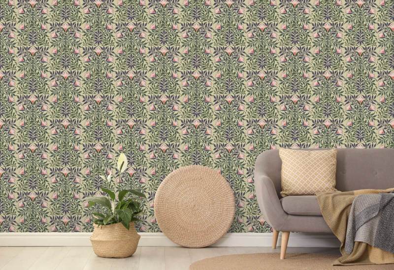 Vid floral Papel pintado amarillo y verde