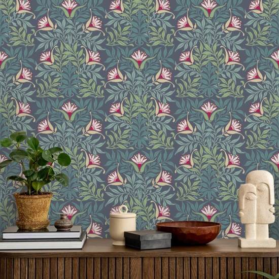 Videira floral Papel de parede azul e verde