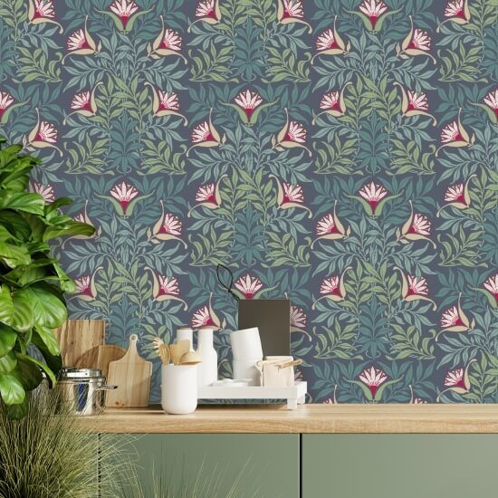 Bloemenwijnstok Blauw en groen behang