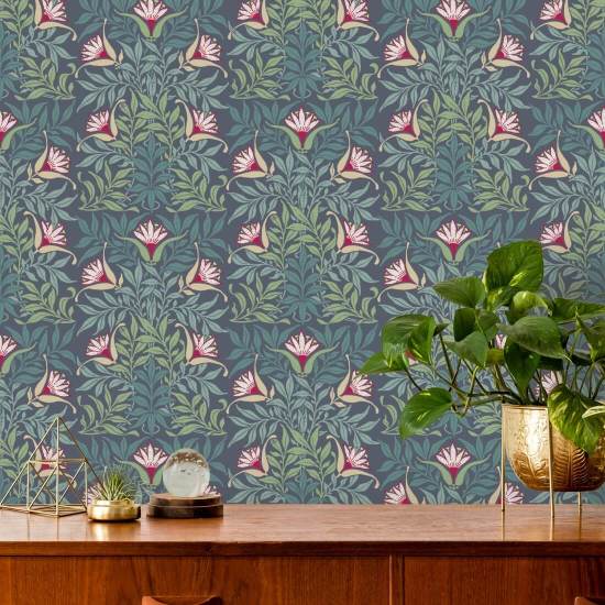 Floral Vine Blue and Green Wallpaper