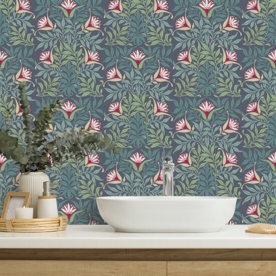 Floral Vine Blue and Green Wallpaper