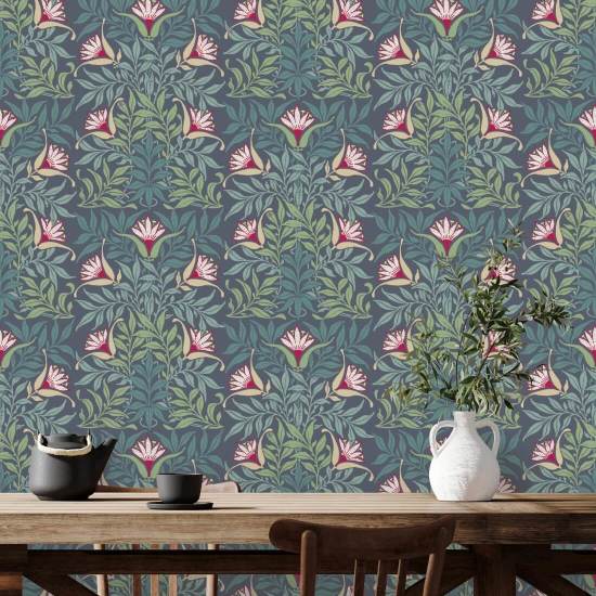 Videira floral Papel de parede azul e verde
