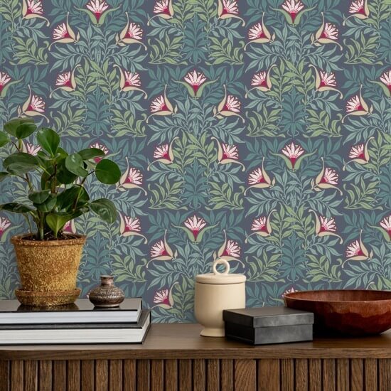 Floral Vine Blue and Green Wallpaper