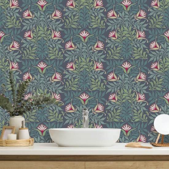 Vigne florale Papier peint bleu et vert