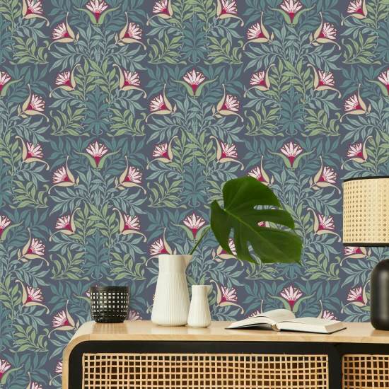 Bloemenwijnstok Blauw en groen behang