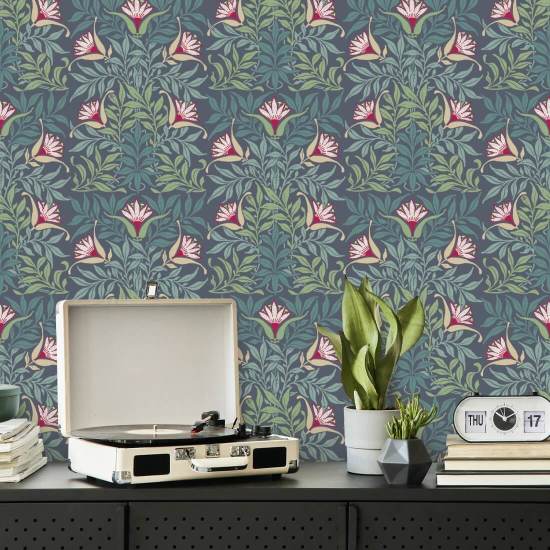 Vid floral Papel pintado azul y verde