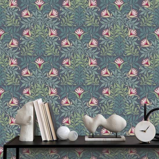 Floral Vine Blue and Green Wallpaper