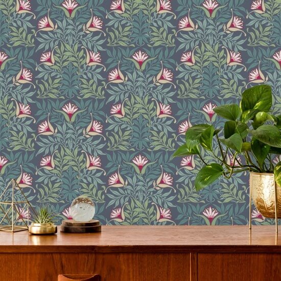 Vid floral Papel pintado azul y verde