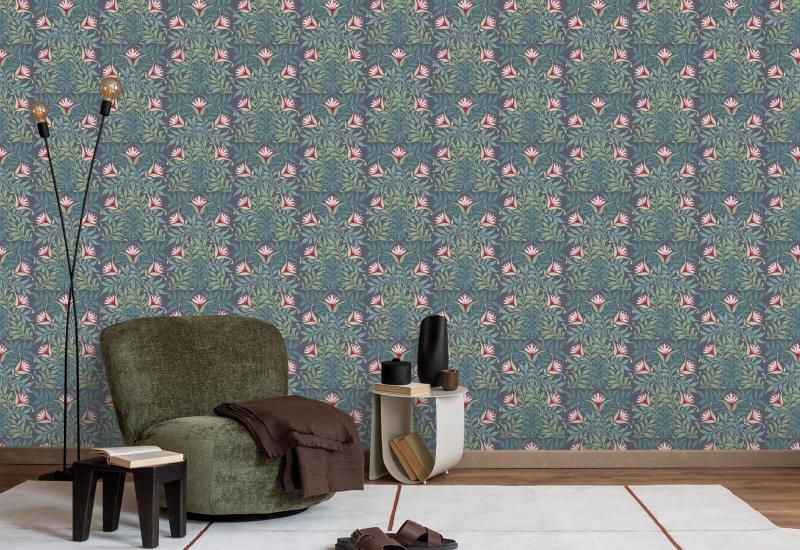 Vid floral Papel pintado azul y verde
