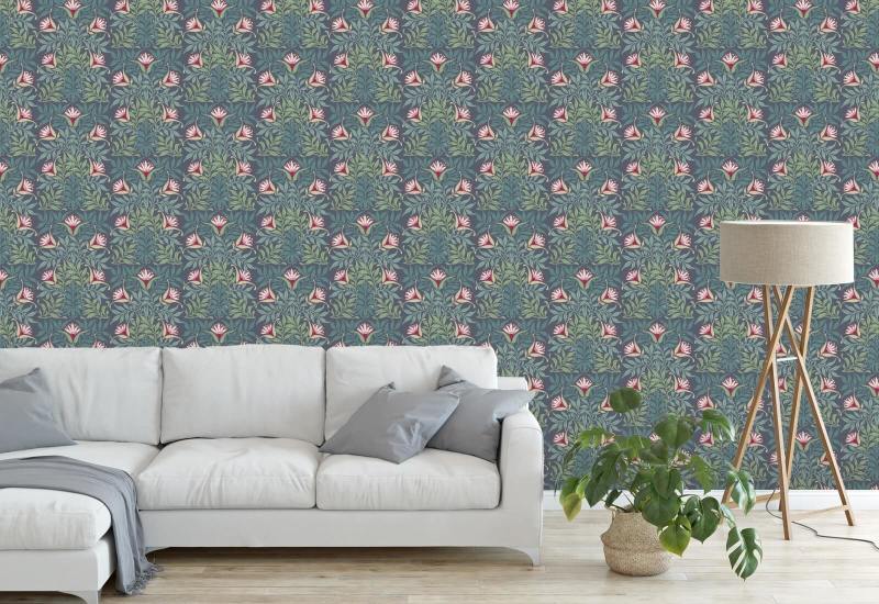 Vigne florale Papier peint bleu et vert