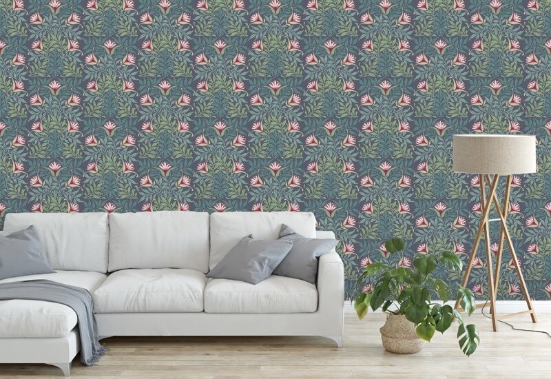 Bloemenwijnstok Blauw en groen behang