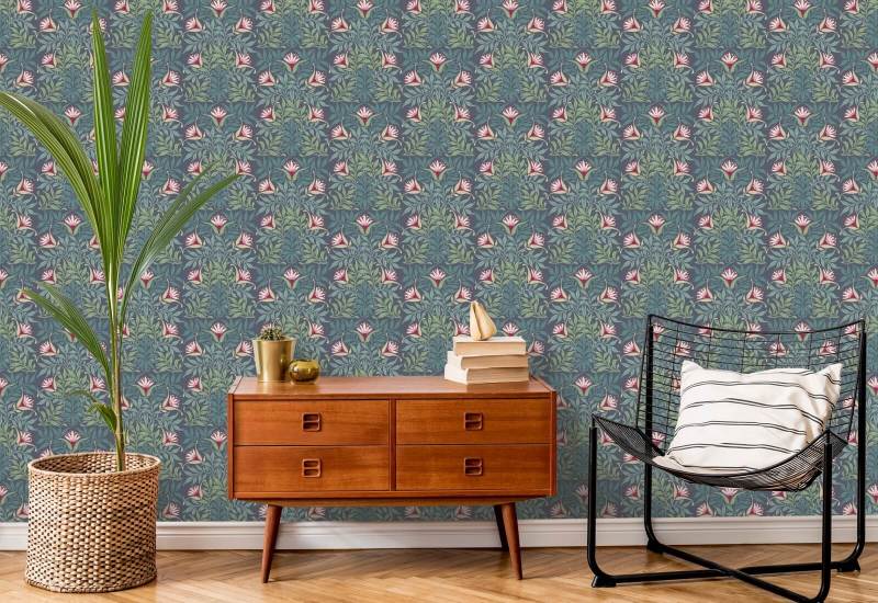 Floral Vine Blue and Green Wallpaper