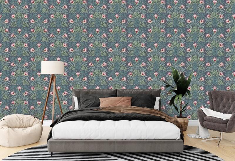 Videira floral Papel de parede azul e verde