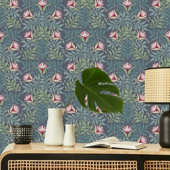 Floral Vine Blue and Green Wallpaper