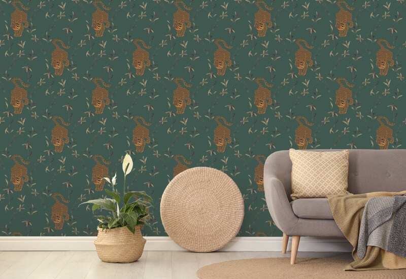 Tigre qui traque Papier peint Spruce Green