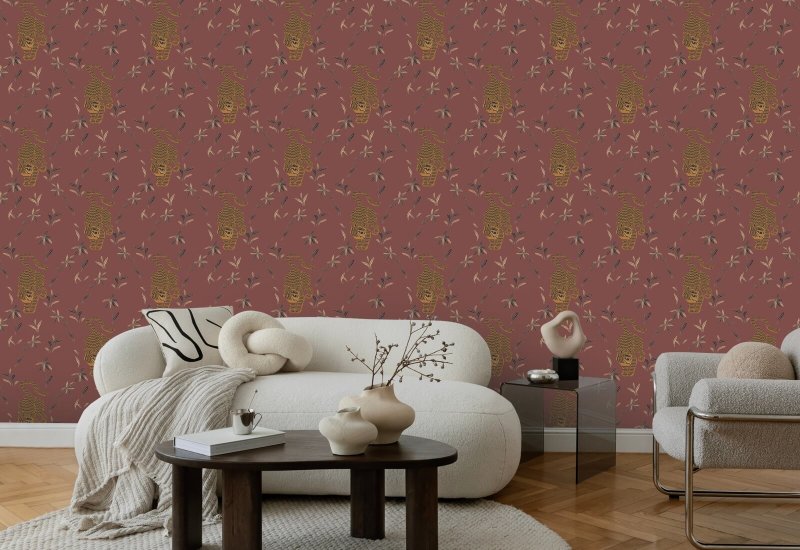 Stalking Tiger Antique Red Wallpaper