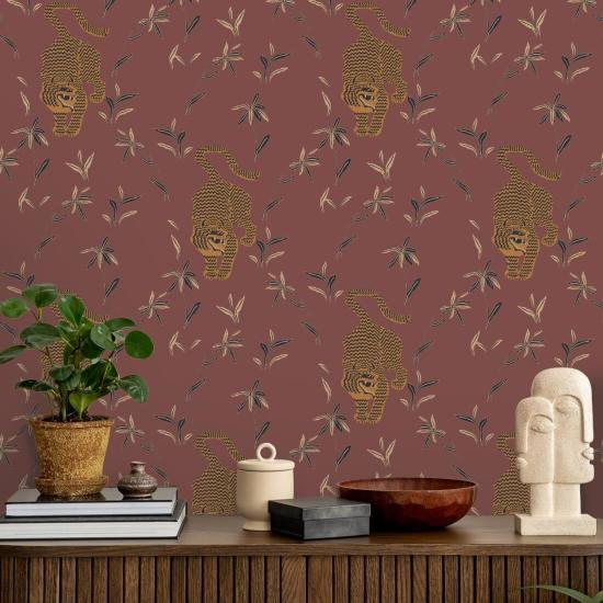 Stalking Tiger Antique Red Wallpaper