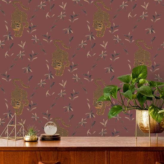 Stalking Tiger Antique Red Wallpaper