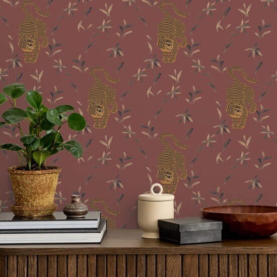Stalking Tiger Antique Red Wallpaper