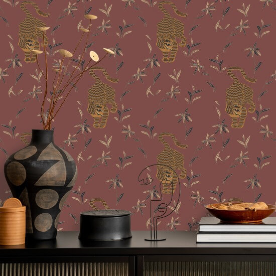 Stalking Tiger Antique Red Wallpaper
