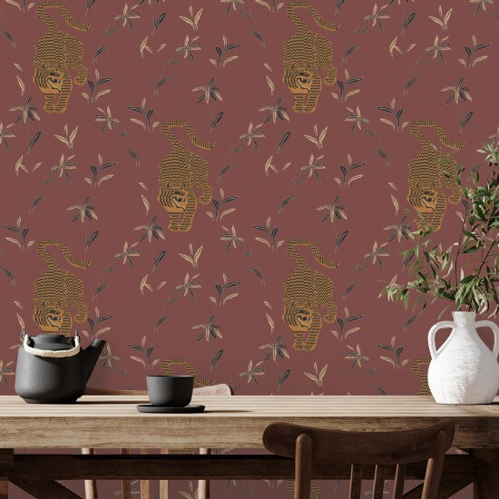 Stalking Tiger Antique Red Wallpaper