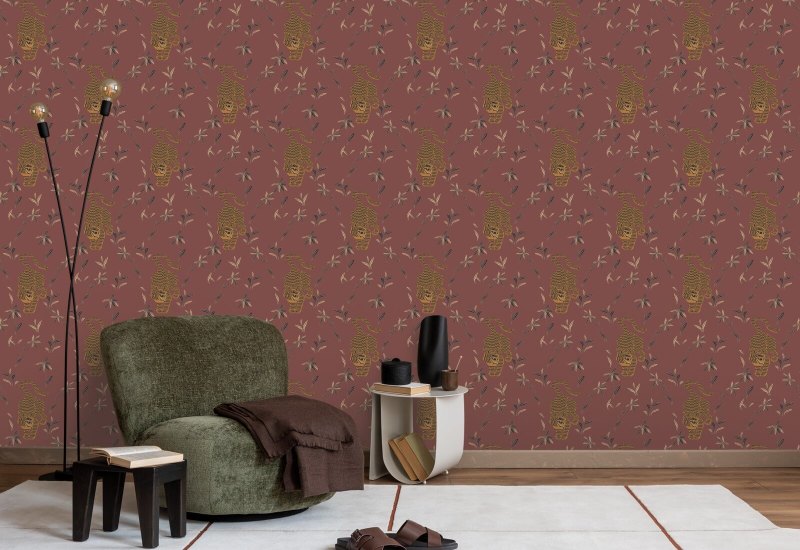 Stalking Tiger Antique Red Wallpaper