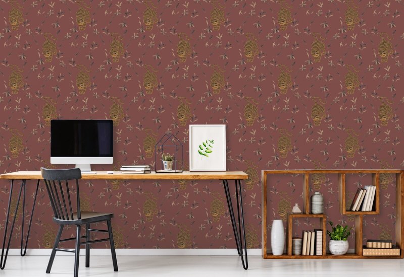 Stalking Tiger Antique Red Wallpaper