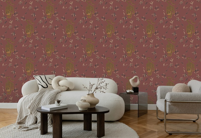 Stalking Tiger Antique Red Wallpaper