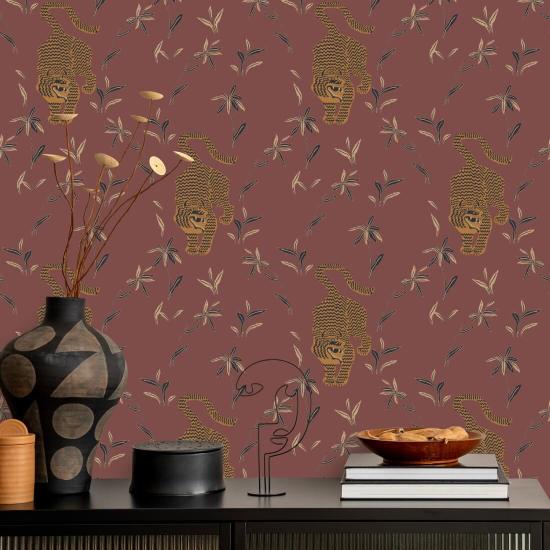 Stalking Tiger Antique Red Wallpaper