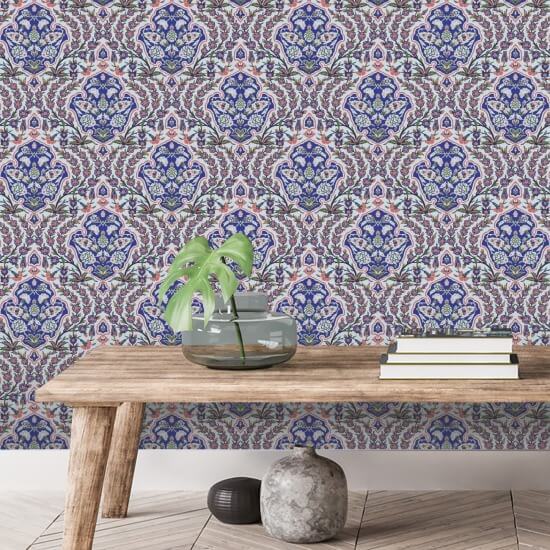 Ottoman Small Blues &amp; Coral Wallpaper