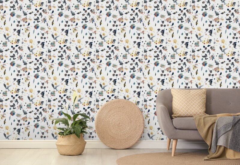 Felicidade floral Papel de parede branco