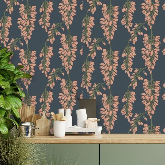 Glycine florale Papier peint bleu