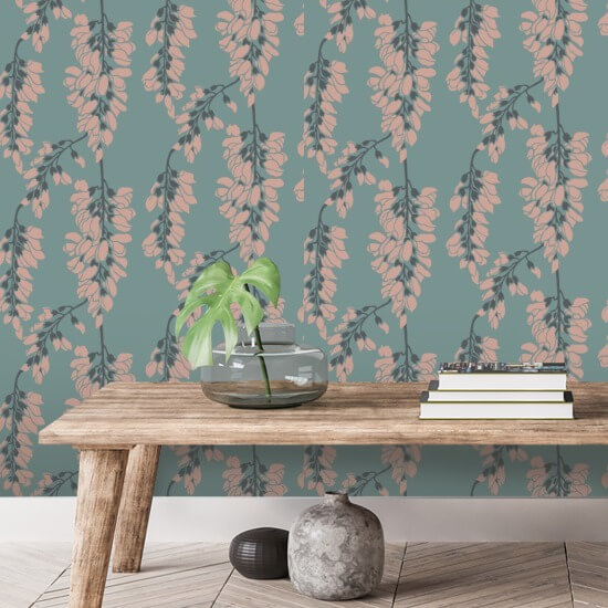 Glycine florale Papier peint bleu clair