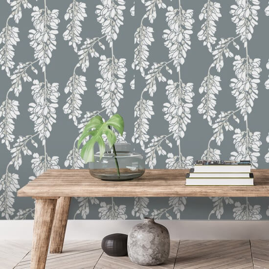 Wisteria Floral Grey Wallpaper
