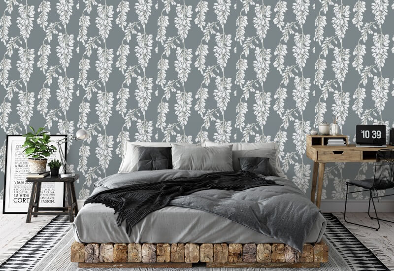 Blumige Glyzinien Graue Tapete