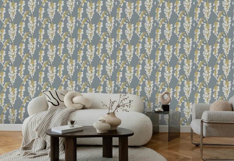 Wisteria Floral Grey and Yellow Wallpaper