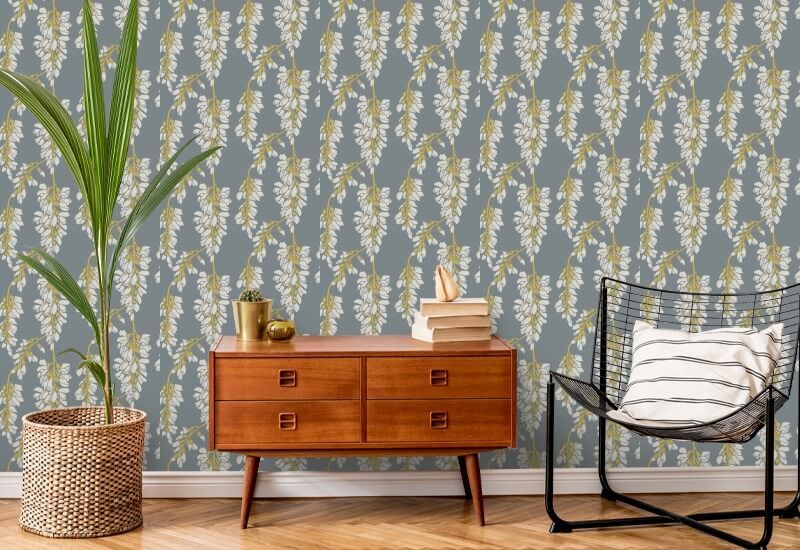 Wisteria Floral Grijs en geel behang