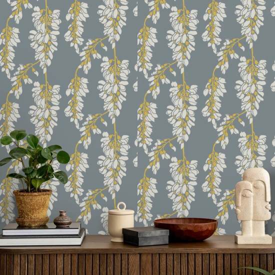 Blommigt blåregn Grå och gul tapet