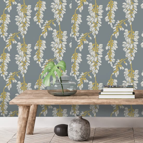 Wisteria Floral Grey and Yellow Wallpaper
